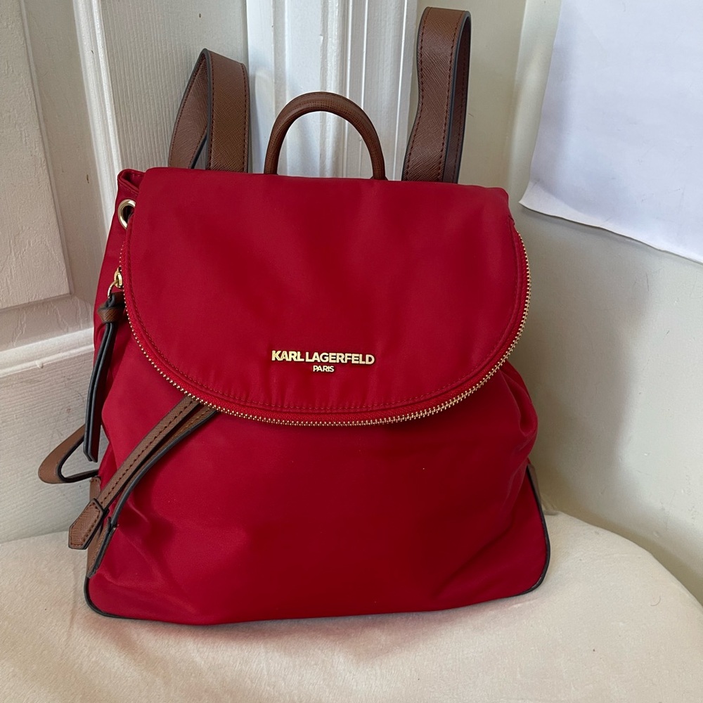Karl Lagerfeld Cherry Red Backpack with Brown Accents EUC